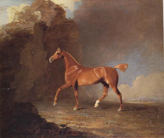 Benjamin Marshall A Golden Chestnut Racehorse by a Rock Formation With a Town Beyond Sweden oil painting art